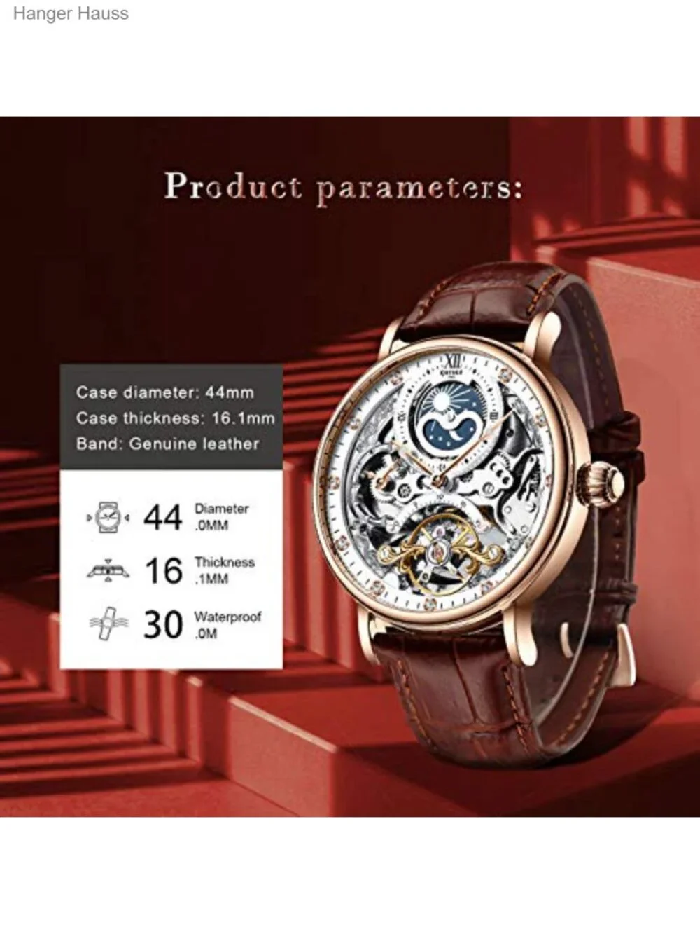 Men's Luxury Skeleton Automatic Mechanical Watch Leather Strap Moon Phase